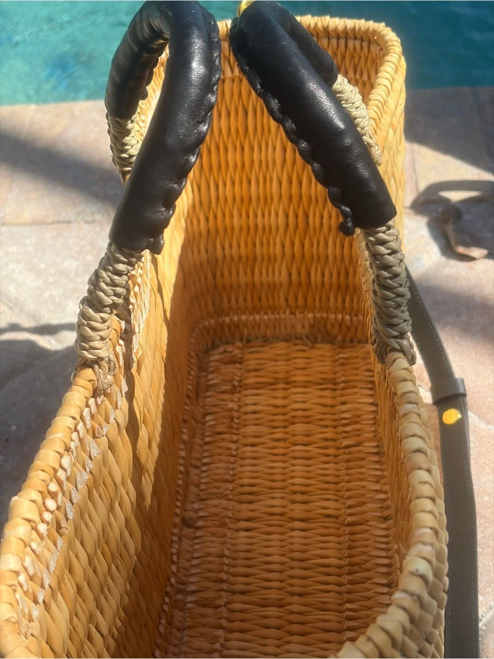 Vintage Wicker Woven Tote with Black Leather Handles